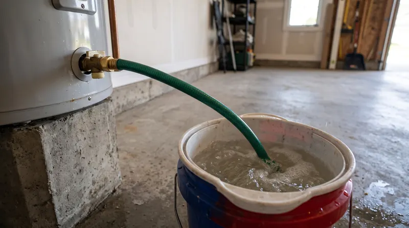 Garden hose connected to a water heater drain valve, flushing sediment into a bucket
